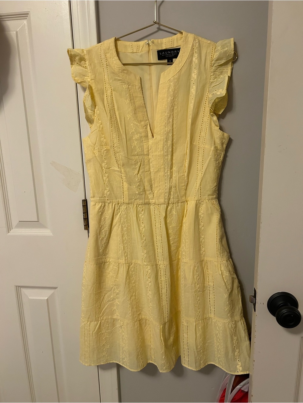 Laundry By Shelli Segal Pale Yellow Eyelet Flutter-Sleeve Mini Dress